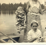 Woman and Children on Rowboat Holding Waterlilies, Poetic Antique Snapshot Photo