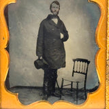 Tall, Intense Looking Man with Spindle Back Side Chair, 1850s-60s Tintype Under Glass in Foil Wrap