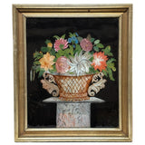 Big Blooms in Basket-like Urn with Scroll Handles, Large Antique Reverse Glass Tinsel Painting
