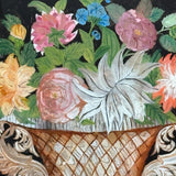 Big Blooms in Basket-like Urn with Scroll Handles, Large Antique Reverse Glass Tinsel Painting