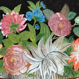 Big Blooms in Basket-like Urn with Scroll Handles, Large Antique Reverse Glass Tinsel Painting