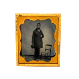 Tall, Intense Looking Man with Spindle Back Side Chair, 1850s-60s Tintype Under Glass in Foil Wrap