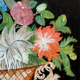 Big Blooms in Basket-like Urn with Scroll Handles, Large Antique Reverse Glass Tinsel Painting