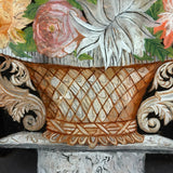 Big Blooms in Basket-like Urn with Scroll Handles, Large Antique Reverse Glass Tinsel Painting