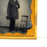 Tall, Intense Looking Man with Spindle Back Side Chair, 1850s-60s Tintype Under Glass in Foil Wrap
