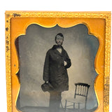 Tall, Intense Looking Man with Spindle Back Side Chair, 1850s-60s Tintype Under Glass in Foil Wrap
