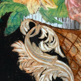 Big Blooms in Basket-like Urn with Scroll Handles, Large Antique Reverse Glass Tinsel Painting
