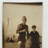 Beautiful Young Swimmer on Beach, Antique Sepia Paper Print Snapshot