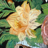 Big Blooms in Basket-like Urn with Scroll Handles, Large Antique Reverse Glass Tinsel Painting