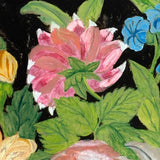 Big Blooms in Basket-like Urn with Scroll Handles, Large Antique Reverse Glass Tinsel Painting