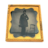 Tall, Intense Looking Man with Spindle Back Side Chair, 1850s-60s Tintype Under Glass in Foil Wrap