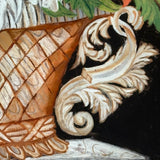 Big Blooms in Basket-like Urn with Scroll Handles, Large Antique Reverse Glass Tinsel Painting