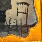 Tall, Intense Looking Man with Spindle Back Side Chair, 1850s-60s Tintype Under Glass in Foil Wrap