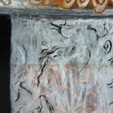 Big Blooms in Basket-like Urn with Scroll Handles, Large Antique Reverse Glass Tinsel Painting