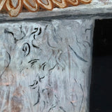 Big Blooms in Basket-like Urn with Scroll Handles, Large Antique Reverse Glass Tinsel Painting