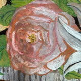 Big Blooms in Basket-like Urn with Scroll Handles, Large Antique Reverse Glass Tinsel Painting