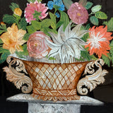 Big Blooms in Basket-like Urn with Scroll Handles, Large Antique Reverse Glass Tinsel Painting