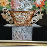 Big Blooms in Basket-like Urn with Scroll Handles, Large Antique Reverse Glass Tinsel Painting