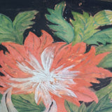 Big Blooms in Basket-like Urn with Scroll Handles, Large Antique Reverse Glass Tinsel Painting
