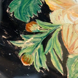 Big Blooms in Basket-like Urn with Scroll Handles, Large Antique Reverse Glass Tinsel Painting