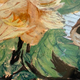 Big Blooms in Basket-like Urn with Scroll Handles, Large Antique Reverse Glass Tinsel Painting