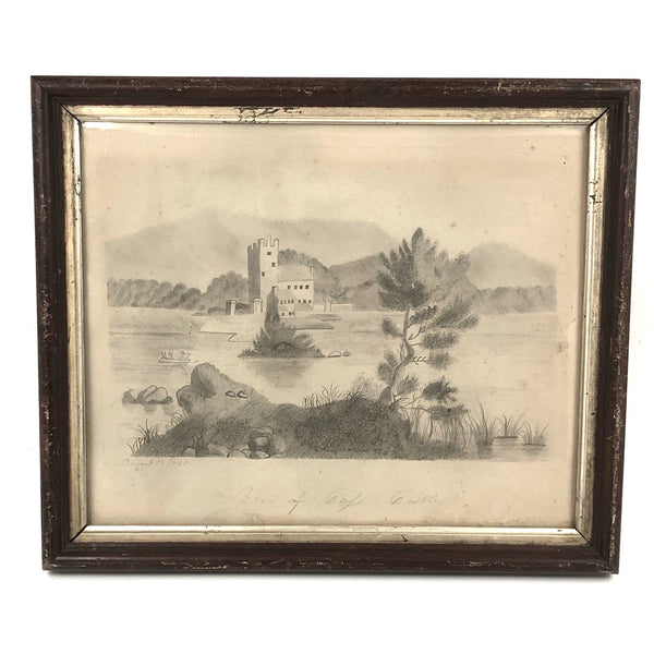 1858 Folk Art Graphite on Paper Drawing of Landscape with Castle in Period Frame