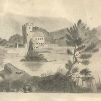 1858 Folk Art Graphite on Paper Drawing of Landscape with Castle in Period Frame