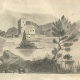 1858 Folk Art Graphite on Paper Drawing of Landscape with Castle in Period Frame