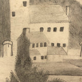 1858 Folk Art Graphite on Paper Drawing of Landscape with Castle in Period Frame