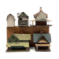 Set of 5 Scratch Made, Painted Miniature Tin Houses