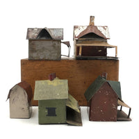 Set of 5 Scratch Made, Painted Miniature Tin Houses