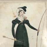 1821 Derby Archery Society Archeress Watercolor Miniature in Period Frame