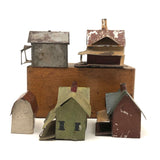 Set of 5 Scratch Made, Painted Miniature Tin Houses