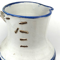 Large Hand-thrown Blue on White Stoneware Pitcher with Beautiful Staple Repair