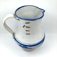Large Hand-thrown Blue on White Stoneware Pitcher with Beautiful Staple Repair
