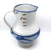 Large Hand-thrown Blue on White Stoneware Pitcher with Beautiful Staple Repair