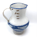 Large Hand-thrown Blue on White Stoneware Pitcher with Beautiful Staple Repair