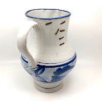 Large Hand-thrown Blue on White Stoneware Pitcher with Beautiful Staple Repair