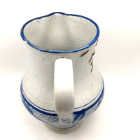 Large Hand-thrown Blue on White Stoneware Pitcher with Beautiful Staple Repair