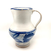 Large Hand-thrown Blue on White Stoneware Pitcher with Beautiful Staple Repair