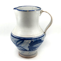 Large Hand-thrown Blue on White Stoneware Pitcher with Beautiful Staple Repair