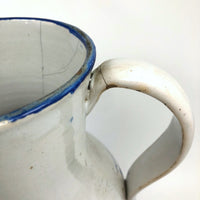 Large Hand-thrown Blue on White Stoneware Pitcher with Beautiful Staple Repair
