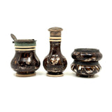 Salt Cellars, Pepper Shaker, Mustard Pot: James Macintyre Pottery "Agateware" Marbled Slipware Set, Staffordshire, c. 1860s