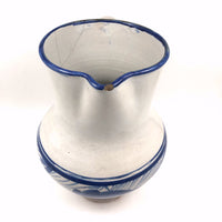 Large Hand-thrown Blue on White Stoneware Pitcher with Beautiful Staple Repair