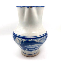 Large Hand-thrown Blue on White Stoneware Pitcher with Beautiful Staple Repair