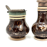 Salt Cellars, Pepper Shaker, Mustard Pot: James Macintyre Pottery "Agateware" Marbled Slipware Set, Staffordshire, c. 1860s