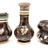 Salt Cellars, Pepper Shaker, Mustard Pot: James Macintyre Pottery "Agateware" Marbled Slipware Set, Staffordshire, c. 1860s