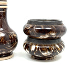 Salt Cellars, Pepper Shaker, Mustard Pot: James Macintyre Pottery "Agateware" Marbled Slipware Set, Staffordshire, c. 1860s