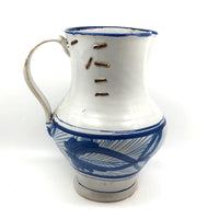 Large Hand-thrown Blue on White Stoneware Pitcher with Beautiful Staple Repair