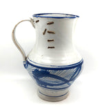 Large Hand-thrown Blue on White Stoneware Pitcher with Beautiful Staple Repair
